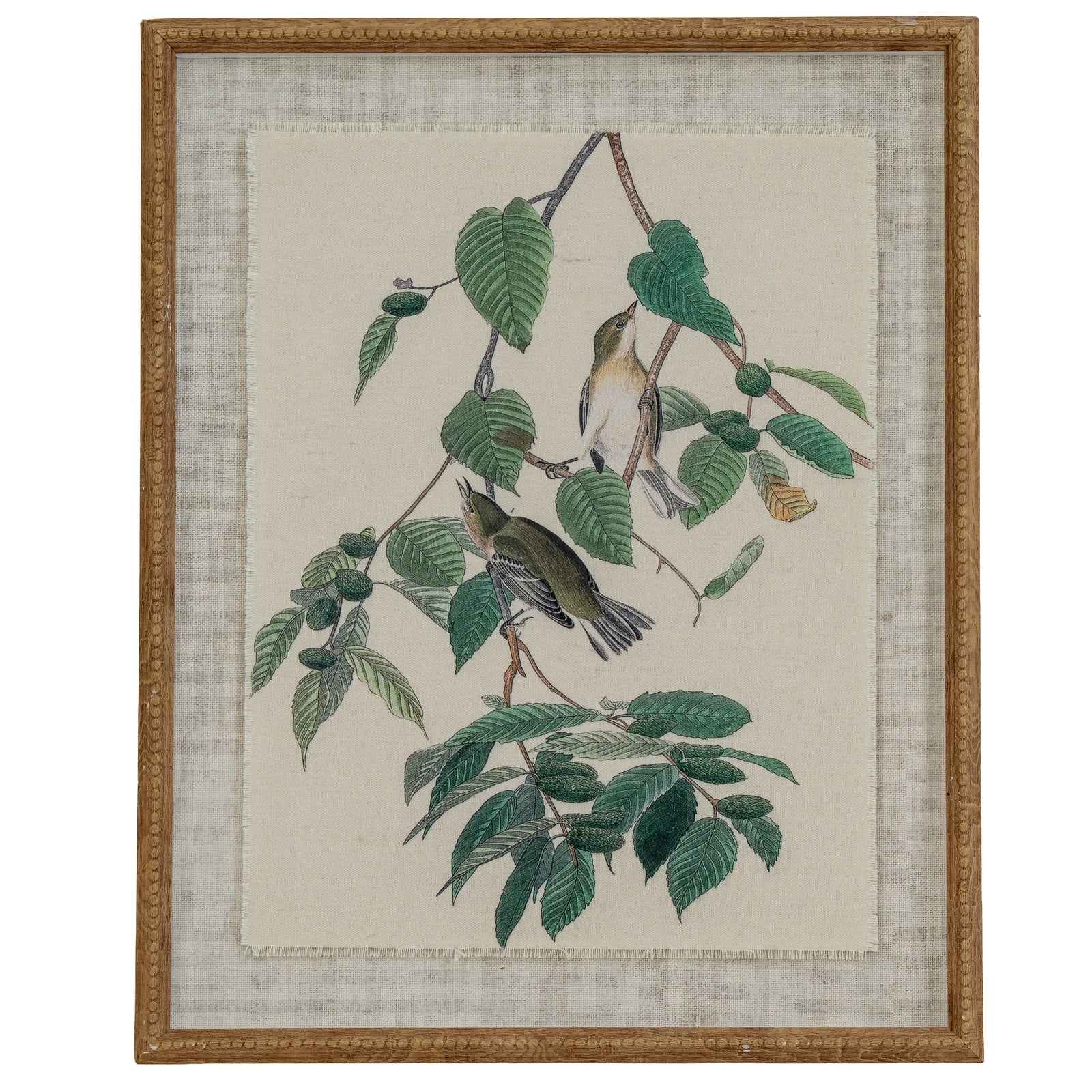 Flora & Fauna Collection Warblers On Linen In Beaded Frame GLASS Art & Printed Products in brown styled interior setting, luxury home decor