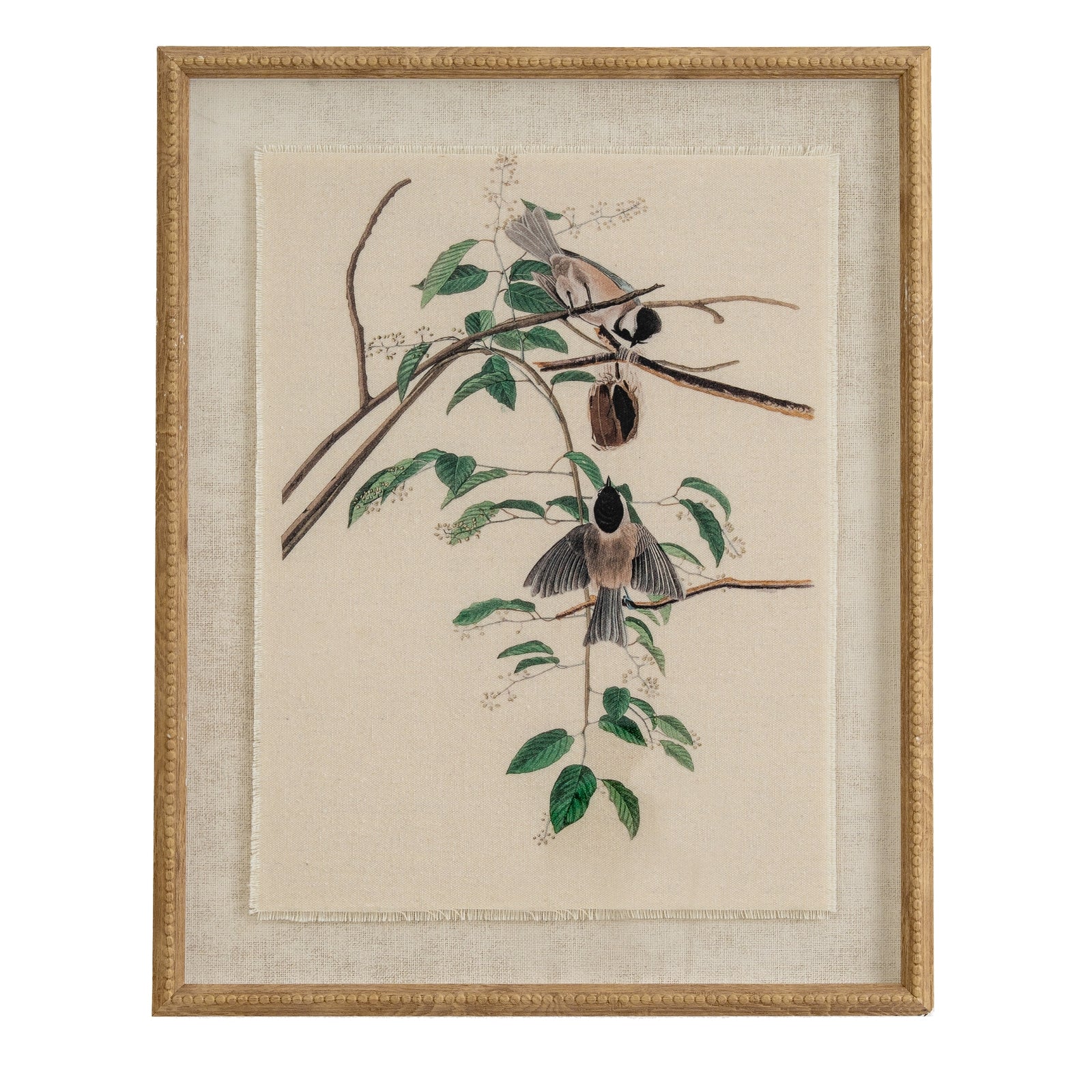 Flora & Fauna Collection Chickadees On Linen In Beaded Frame GLASS Art & Printed Products in brown styled interior setting, luxury home decor