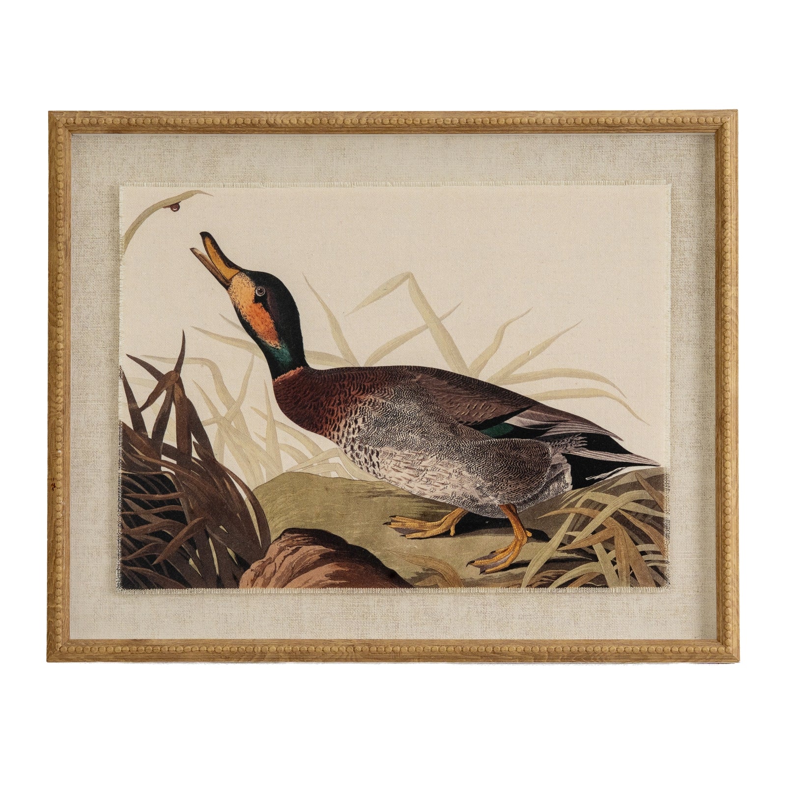 Flora & Fauna Collection Duck On Linen In Beaded Frame GLASS Art & Printed Products in brown styled interior setting, luxury home decor