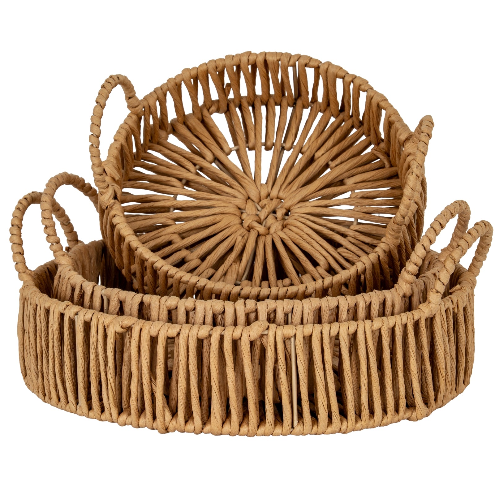 Large Loop Handle Set of 3 Round Trays WICKER Gifts & Accessories in brown styled interior setting, luxury home decor
