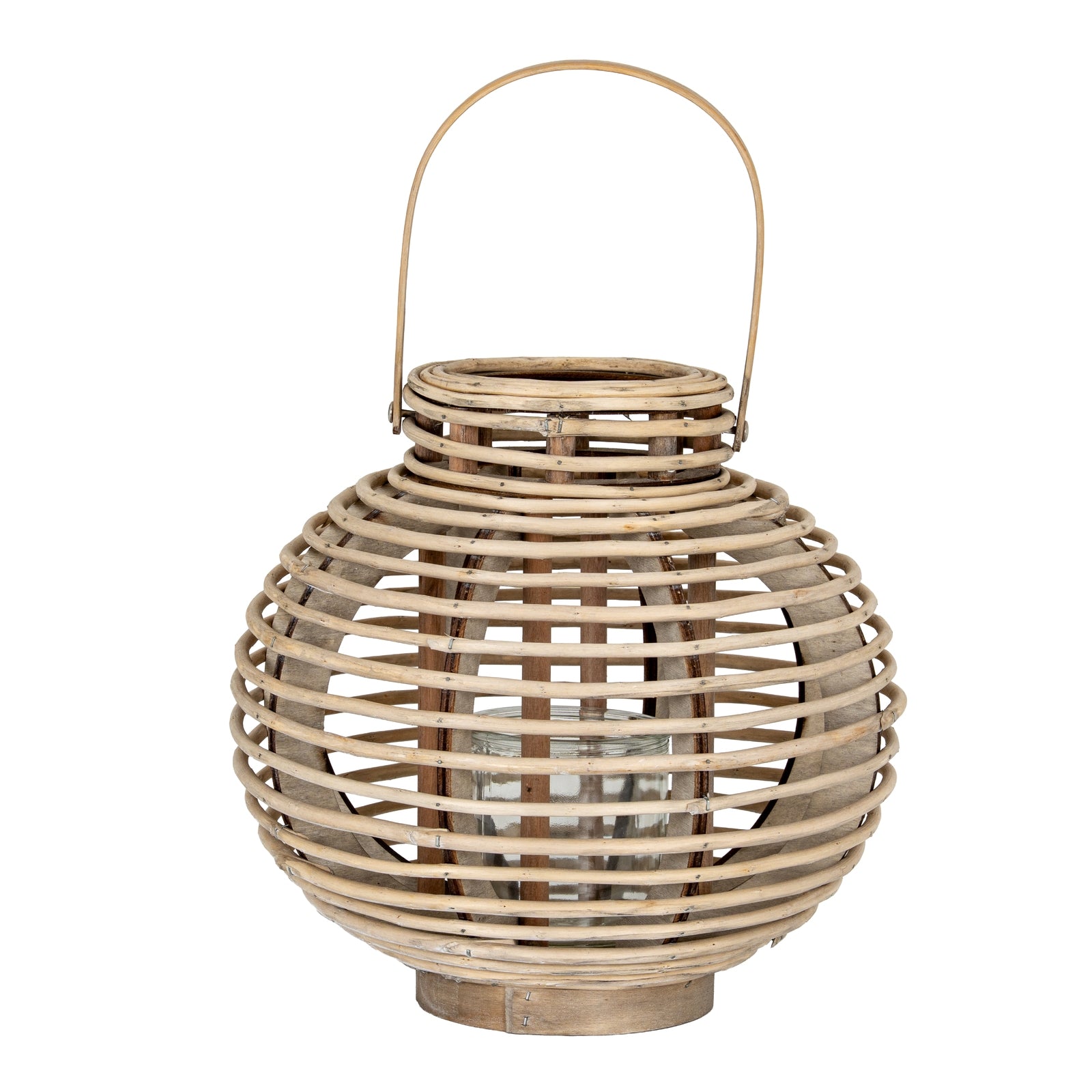 Large Round Willow Lantern With Glass Holder WICKER in brown styled interior setting, luxury home decor