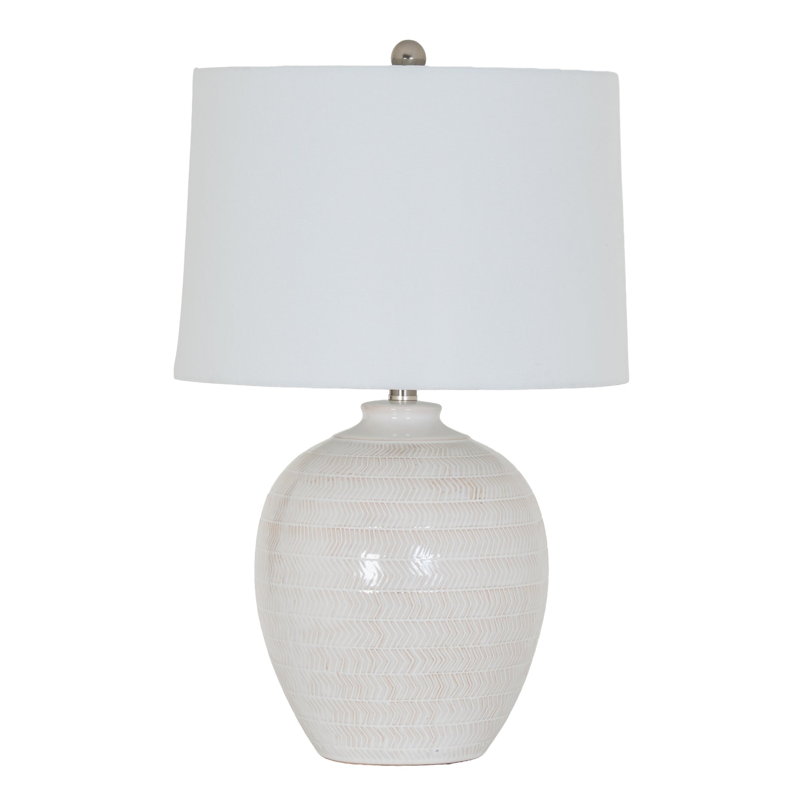 Chevronne Ceramic Table Lamp With Linen Shade Table Lamp in white on a side table in a styled interior, luxury home decor