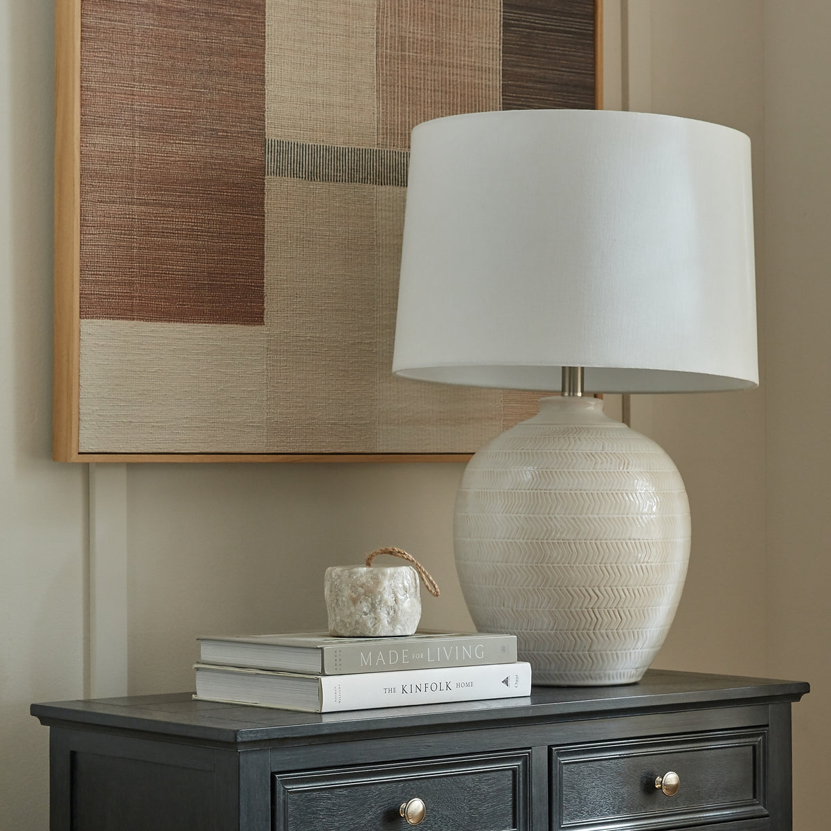Chevronne Ceramic Table Lamp With Linen Shade in white, made from ceramic and linen