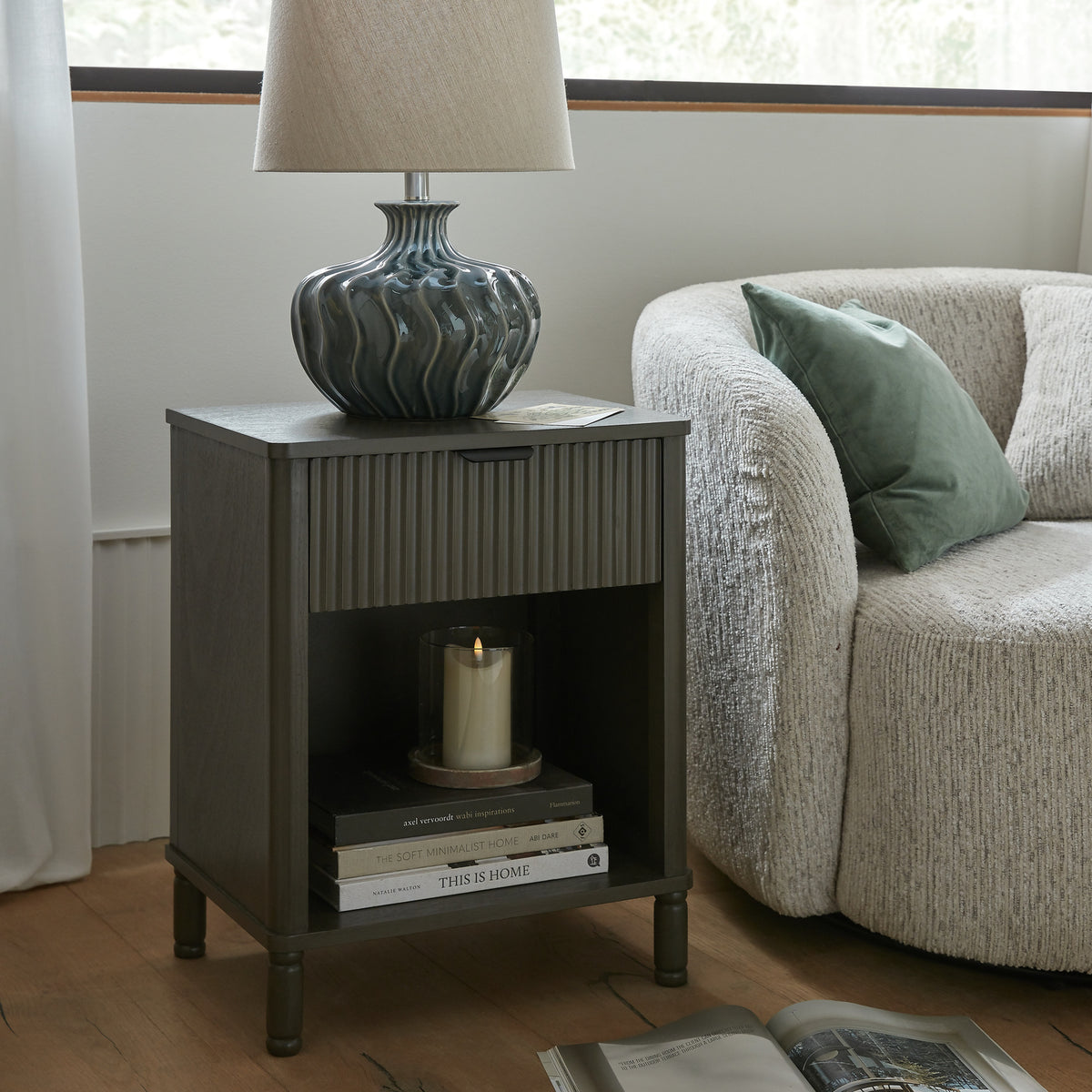 Veyla Ceramic Table Lamp With Linen Shade in black, made from ceramic and linen