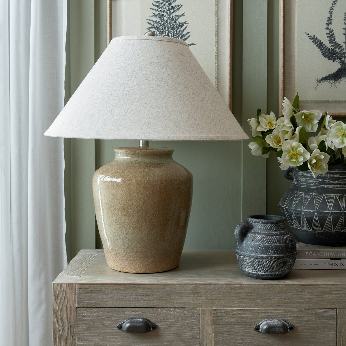 Mottura Ceramic Table Lamp With Edged Linen Shade in green, made from ceramic and linen
