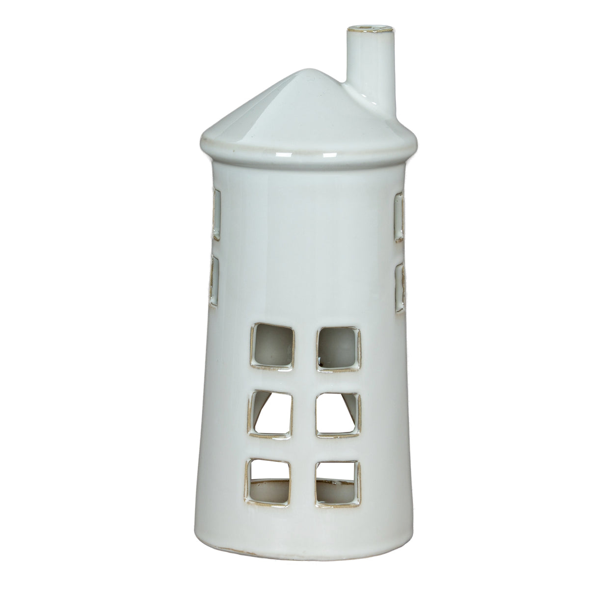 Rhea Large Lighthouse Tealight Holder in white, made from ceramic
