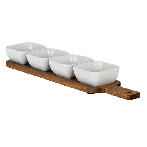 Acacia Serving Board including Four Ceramic Serving Bowls Gifts & Accessories in brown styled interior setting, luxury home decor