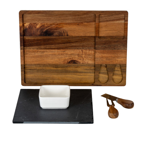 Acacia Cheese Board Set With White Bowl, Slate and Cutlery
