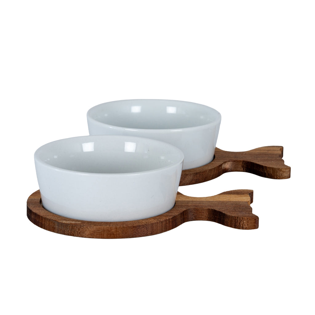 Set Of 2 Acacia Fishtail Serving Trays with Ceramic Bowls in brown, made from acacia wood and ceramic