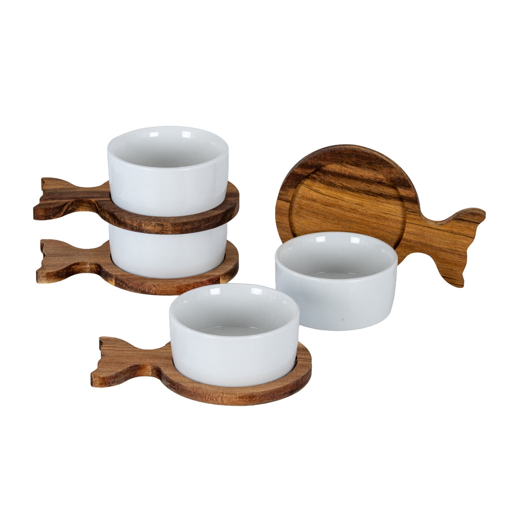 Set Of 4 Acacia Fishtail Serving Trays with Ceramic Bowls in brown, made from acacia wood and ceramic