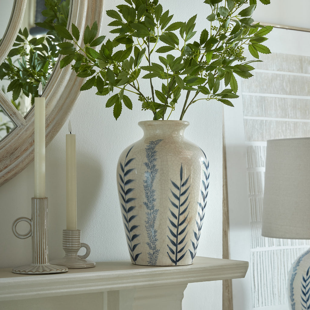 Classic Blue Flora Juniper Vase in white, made from ceramic