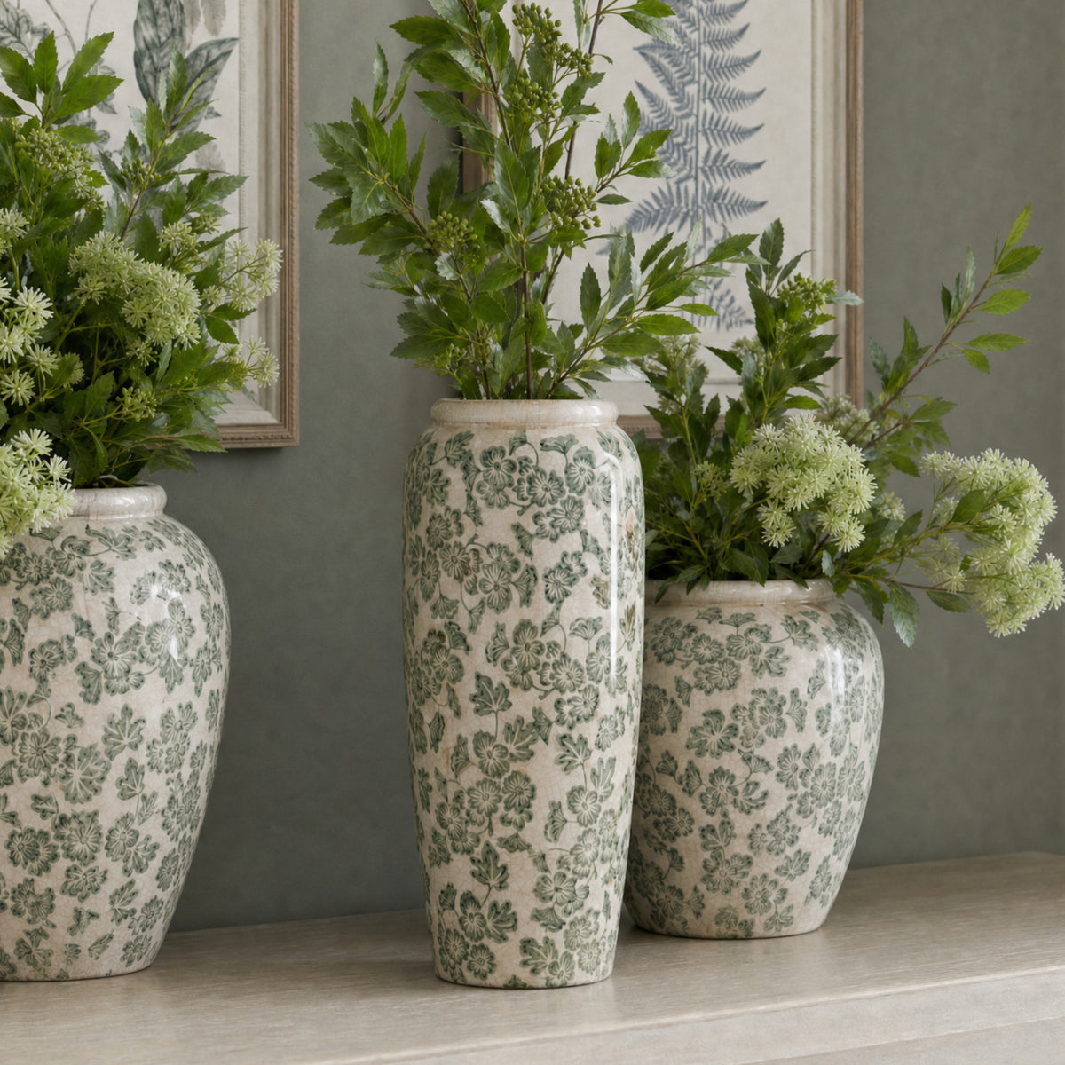 Large Green Clover Tall Olpe Vase in white, made from ceramic