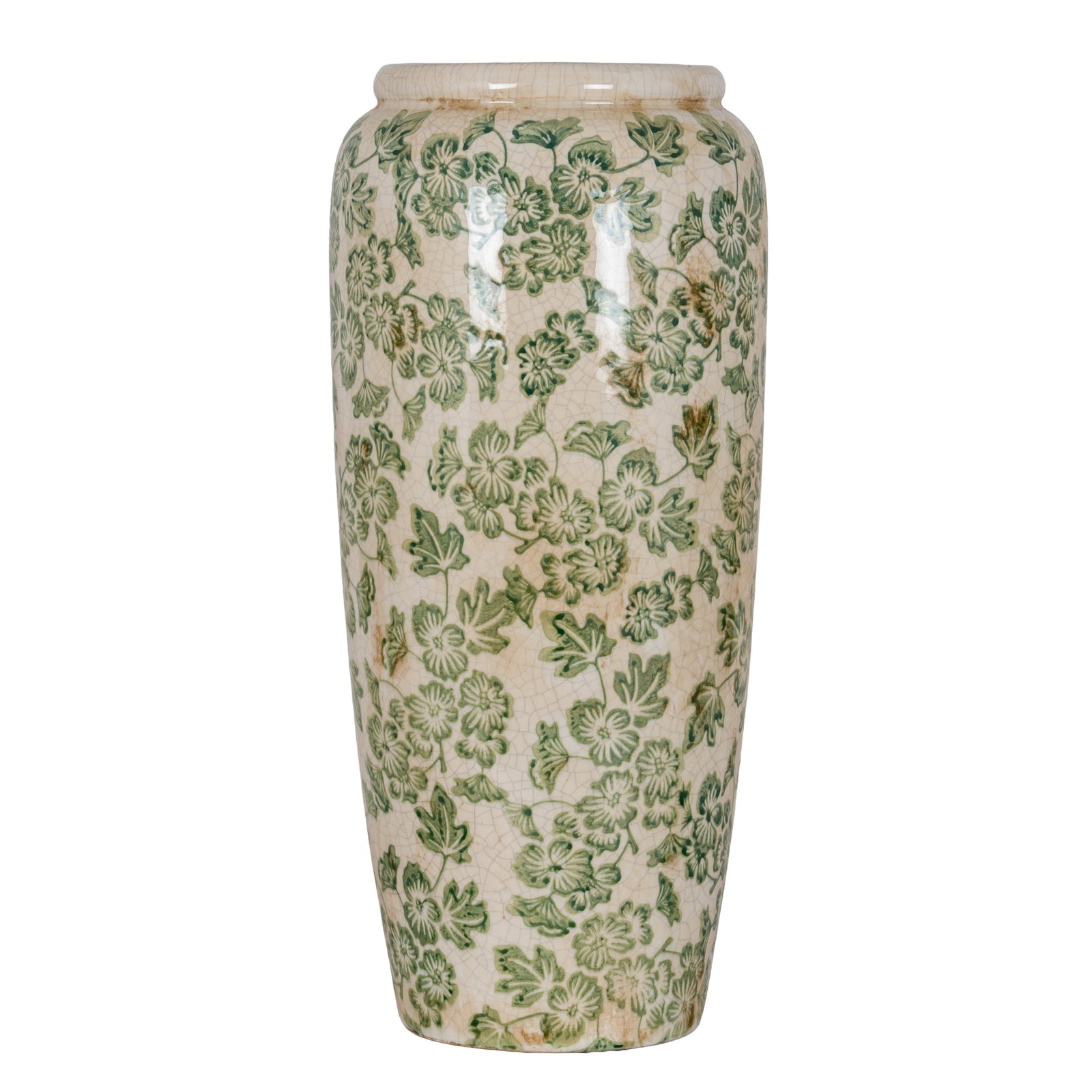 Large Green Clover Tall Olpe Vase CERAMIC in white displayed on a console table, luxury home decor