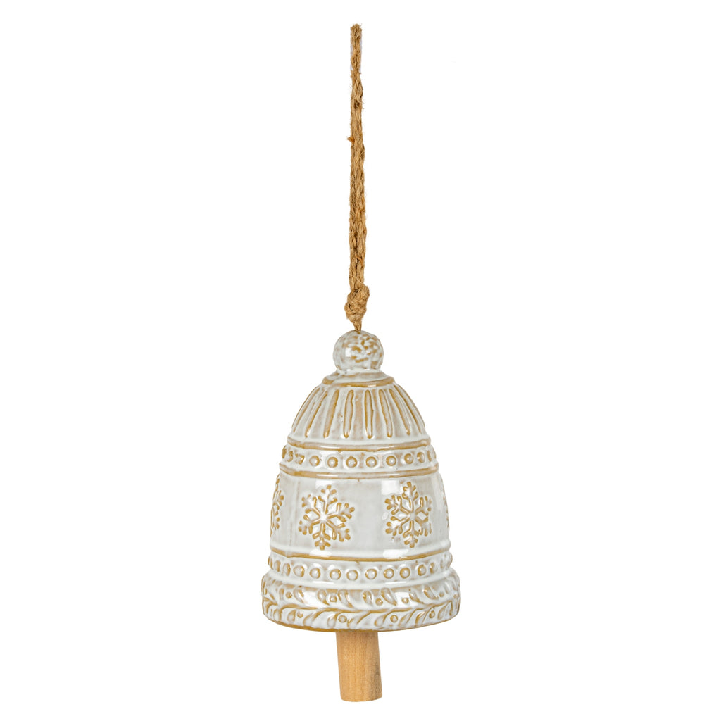 Large Ceramic Bell Tree Ornament With Snowflake Detail in white