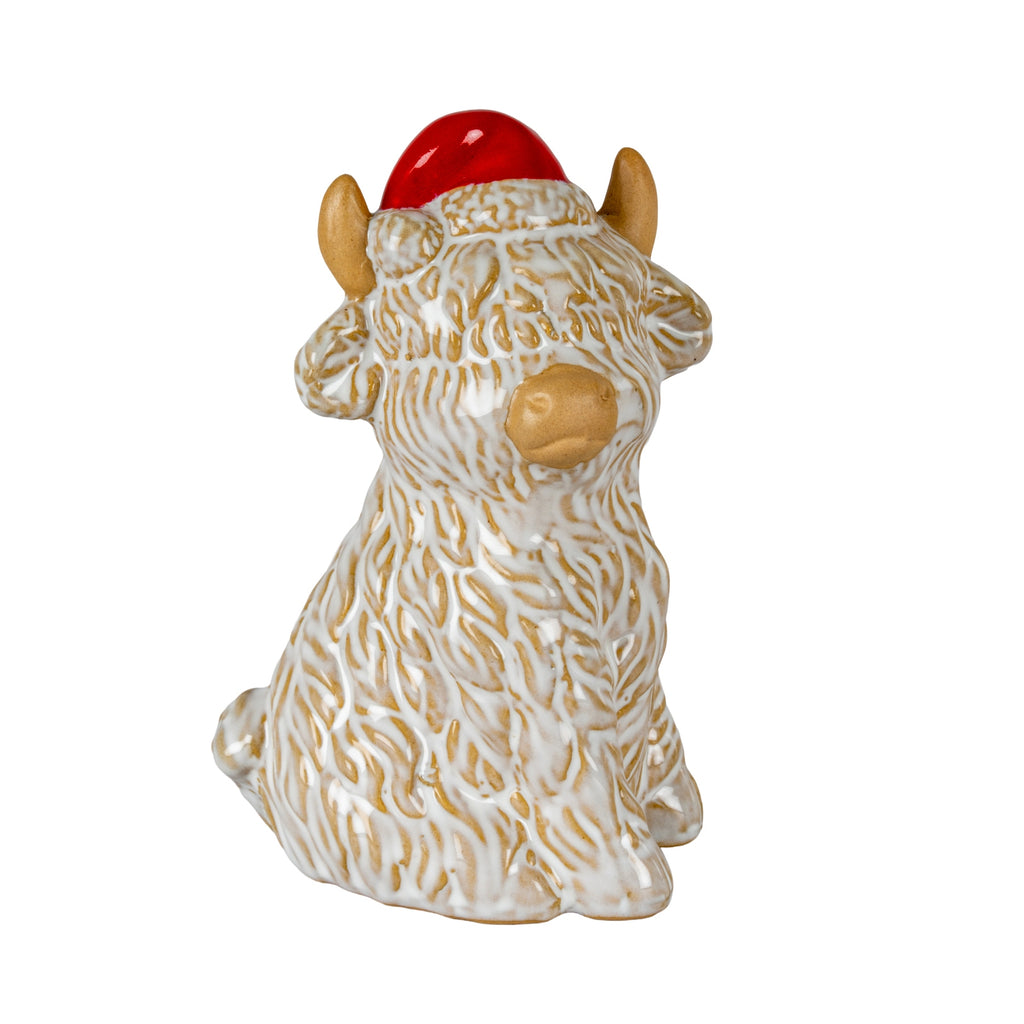 Merry Moo Ceramic Cow Ornament Gazing Right in white