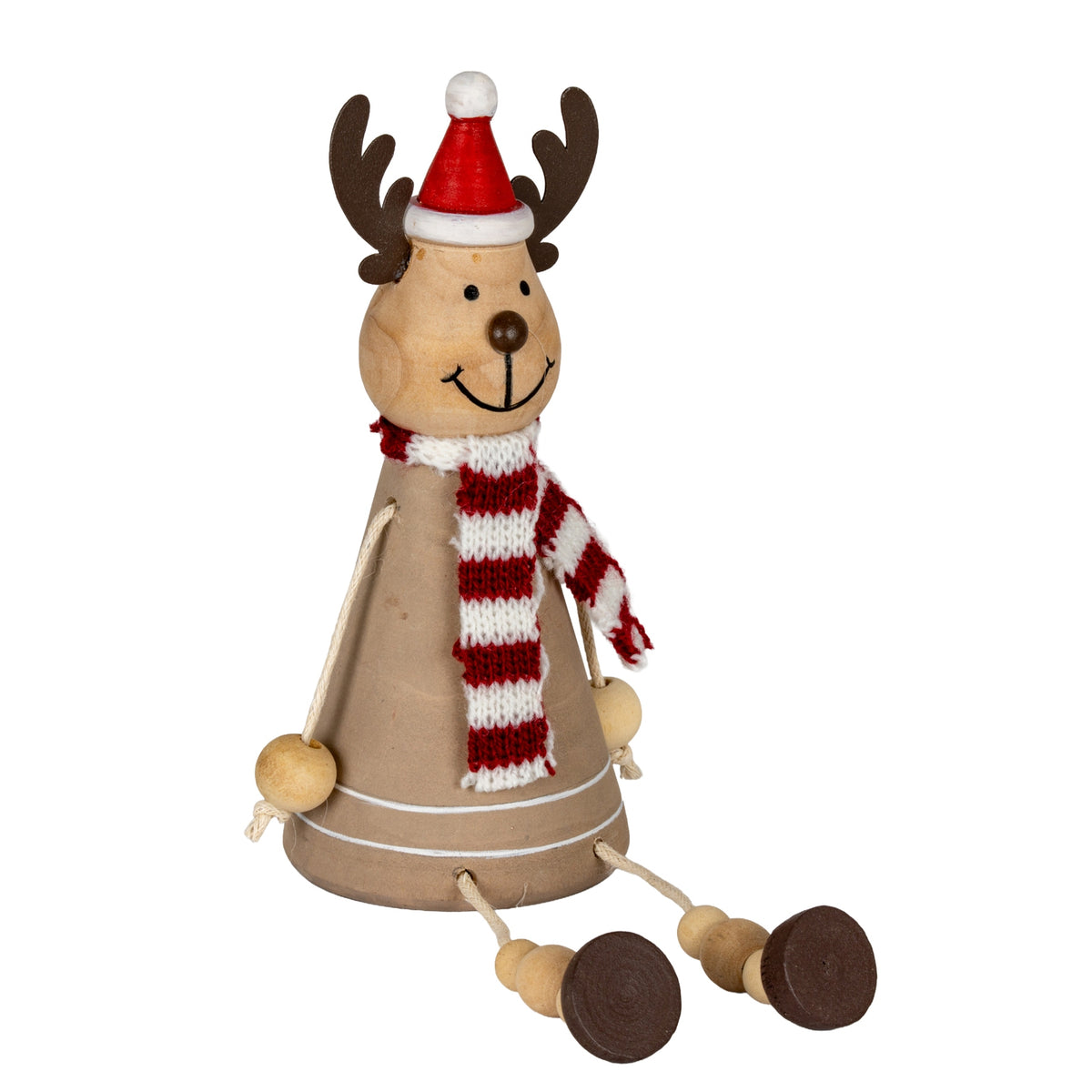 Wooden Jolly Sitting Reindeer Decoration in warm wood finish