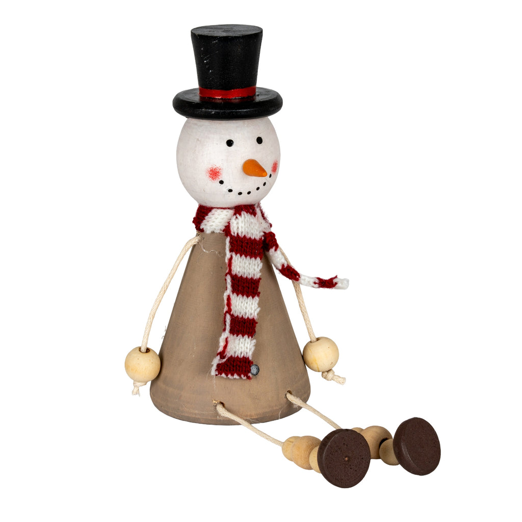 Wooden Jolly Sitting Snowman Decoration in warm wood finish