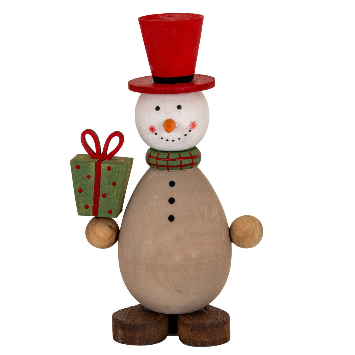 Wooden Snowman with Present in warm wood finish