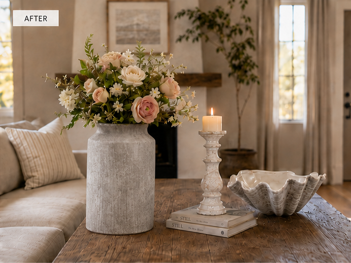 A collage showing a rustic stone candlestick, shell-shaped candle holder, and cylindrical stone vase styled in a living room and on a coffee table, with a product details panel at the bottom showing the materials and shapes.