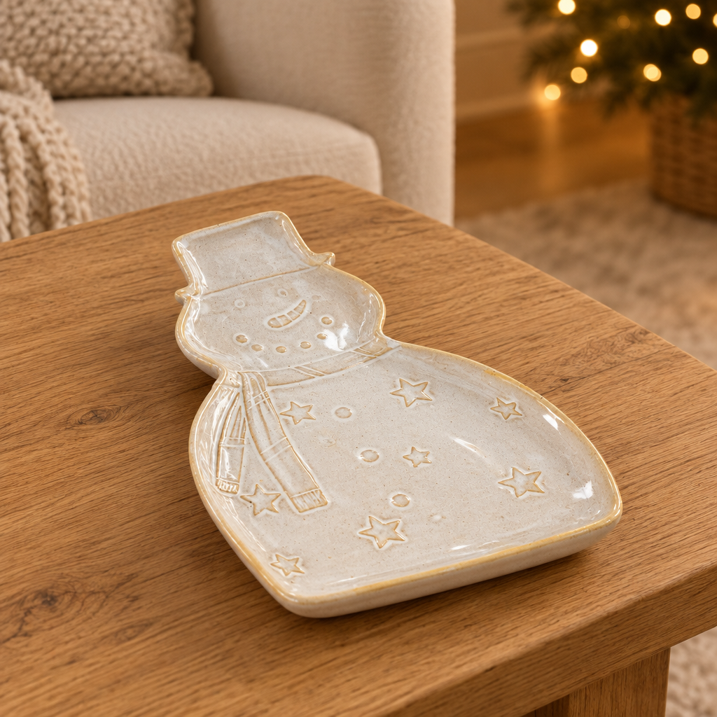 Alora Ceramic Snowman Dish in a cosy winter living room
