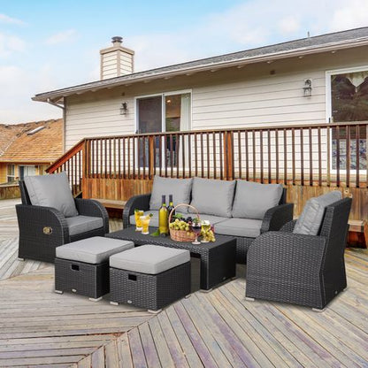 Rattan 7-Seater Outdoor Garden Rattan Furniture Set w/ Recliners Grey