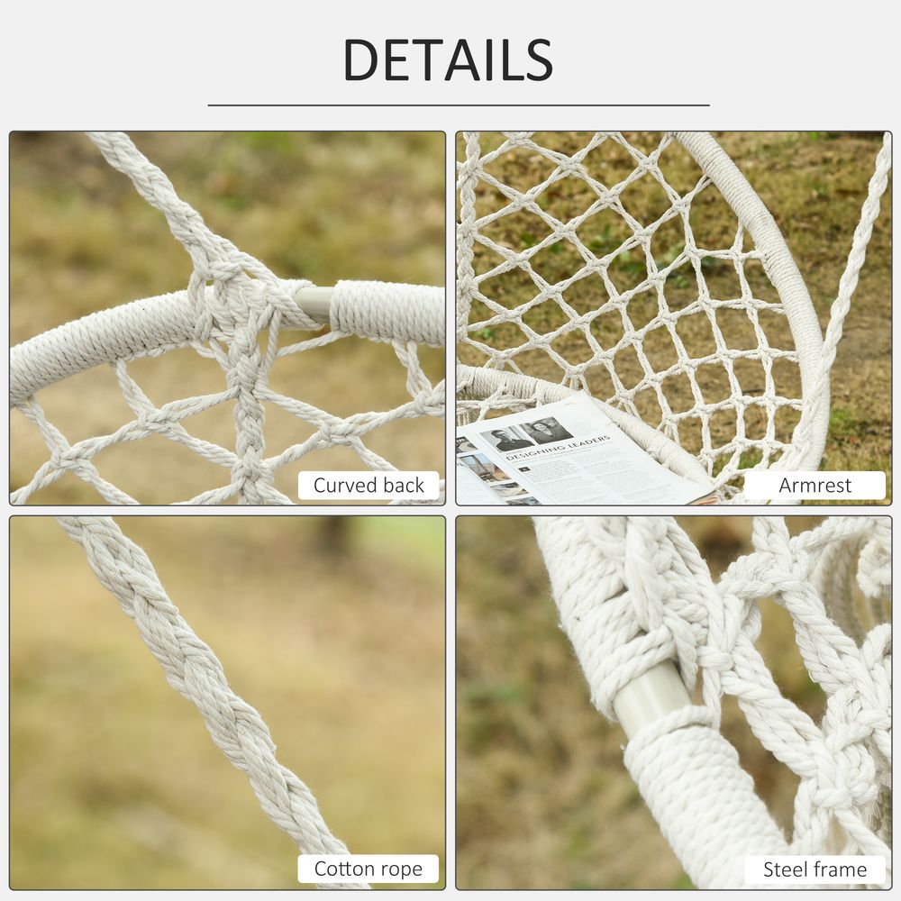 Hanging Hammock Chair Cotton Rope Swing & Metal Frame Large Macrame, Cream White