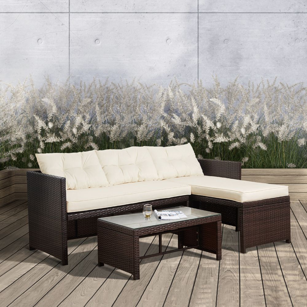 3 Pcs Garden Furniture, Rattan Table & Sofa Patio Set with Cushions