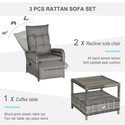 3 Pcs Rattan Chaise Lounge Sofa Set Bistro & Cushion Mixed Grey