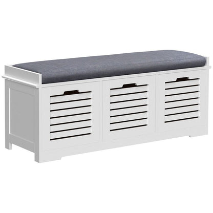3-Door Shoe Storage Bench Cushion Seat Slatted Doors Elevated Base White