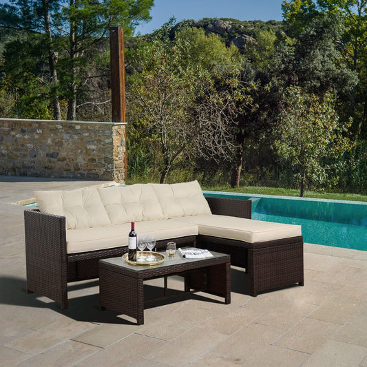3 Pcs Garden Furniture, Rattan Table & Sofa Patio Set with Cushions