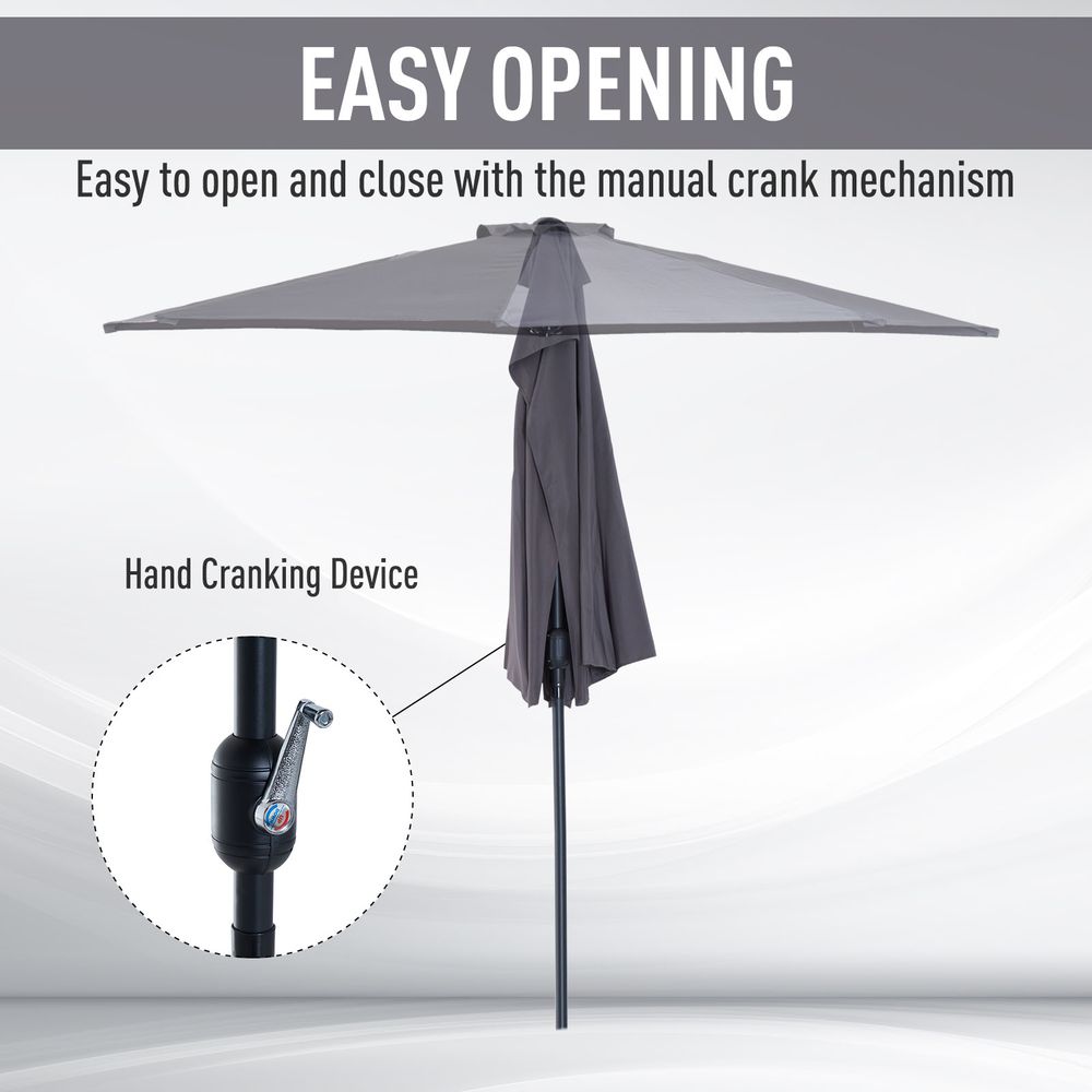 3 m Half Round Umbrella Parasol-Grey Polyester/Aluminum