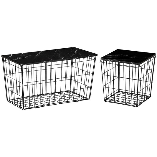 Side Table Set of 2, Modern Coffee End Bedside Storage Tables Black