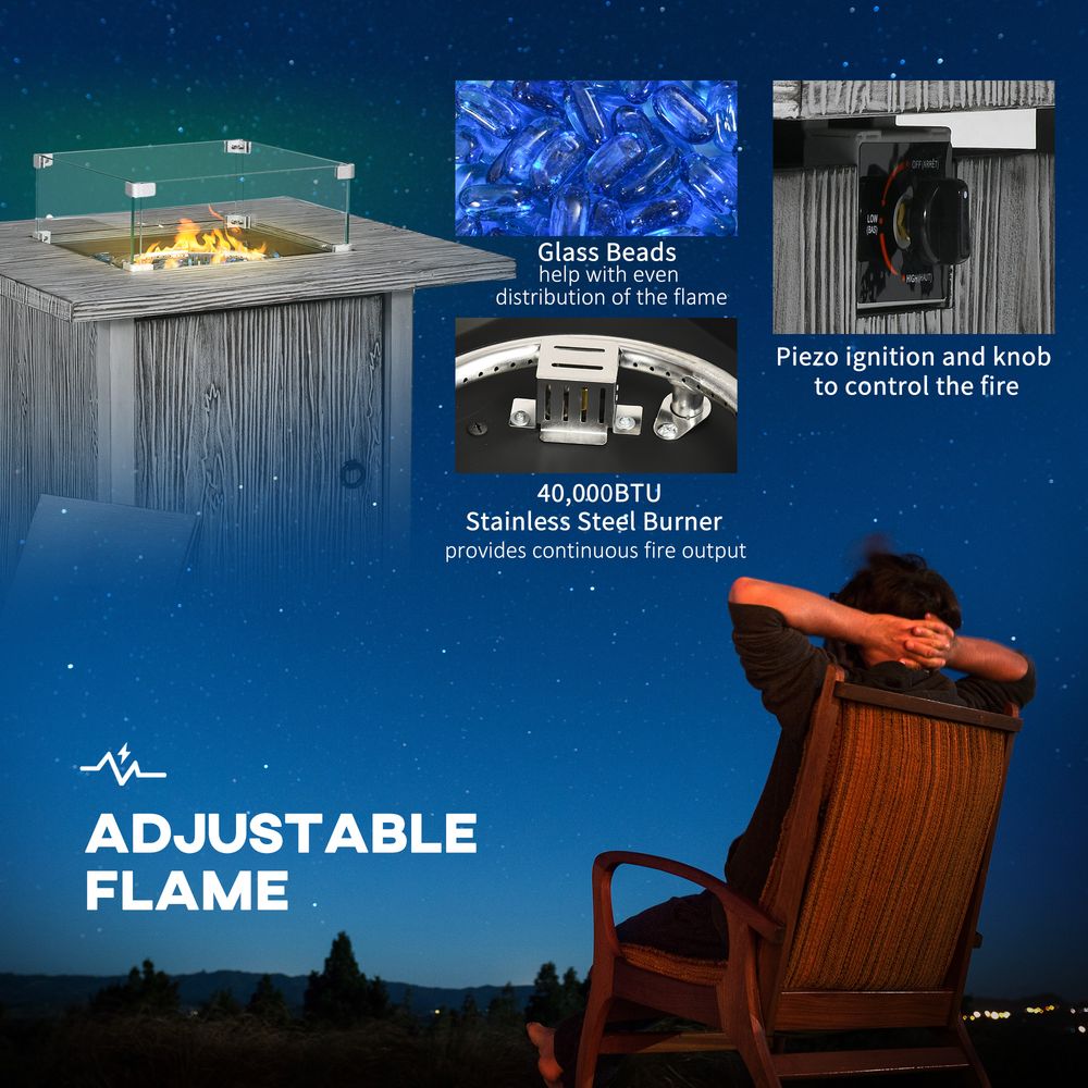 Outsunny Gas Fire Pit Table with 40,000 BTU Burner, Cover, Glass Screen, Grey