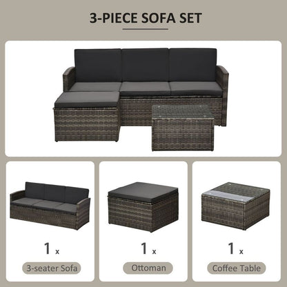 3PC Outdoor Patio Furniture Set Wicker Rattan 3-Seater Sofa Chair Couch Grey