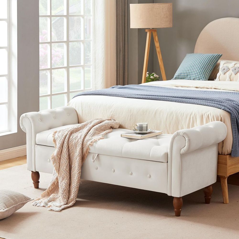 Beige, Solid Wood Legs, Velvet Bedroom End of Bed Storage Bench Rolled Side Sofa Bench Toy Storage Bench