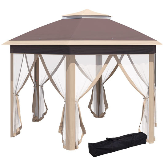 Outsunny 3x4m Hexagon Gazebo w/ Metal Frame Mesh Curtains Outdoor Garden, Khaki