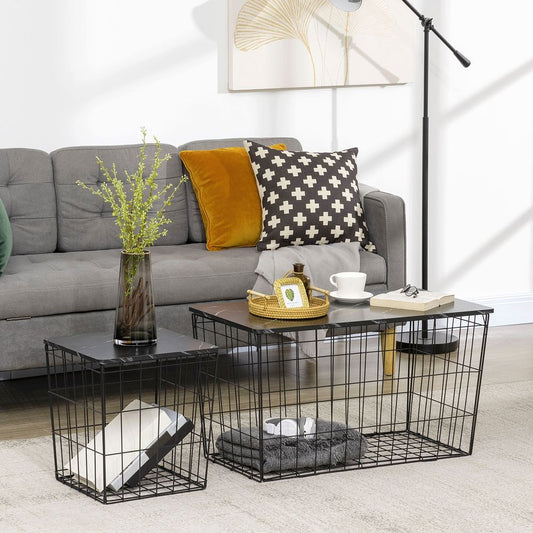 Side Table Set of 2, Modern Coffee End Bedside Storage Tables Black