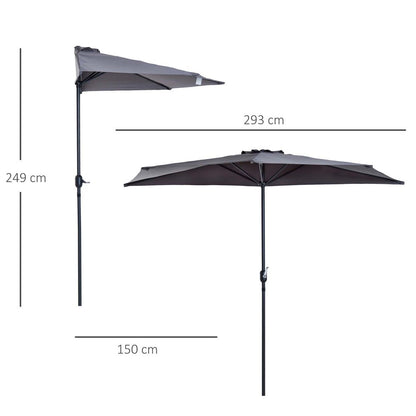 3 m Half Round Umbrella Parasol-Grey Polyester/Aluminum
