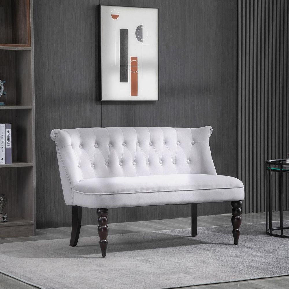 Velvet-Feel French Inspired Two-Seat Lounger Couch w/ Wood Frame Vintage
