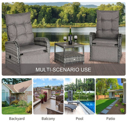 3 Pcs Rattan Chaise Lounge Sofa Set Bistro & Cushion Mixed Grey