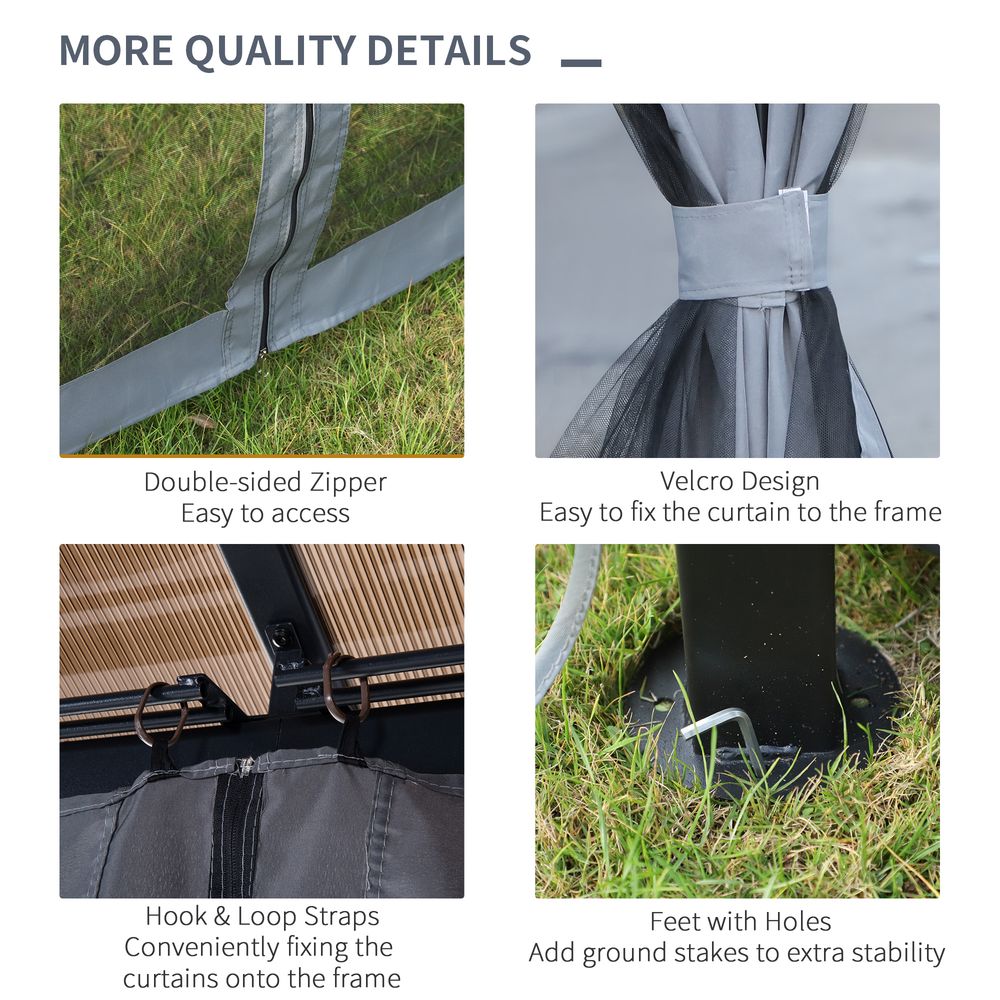 3x4m Garden Aluminium Gazebo Hardtop Roof with Mesh Curtains  Grey