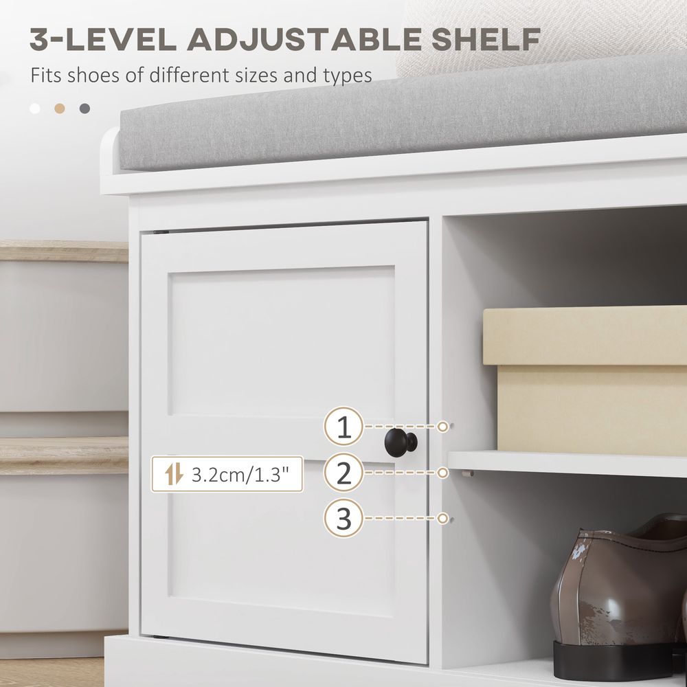 Shoe Storage Bench with Cushion 2 Cabinets for Entryway Hallway White