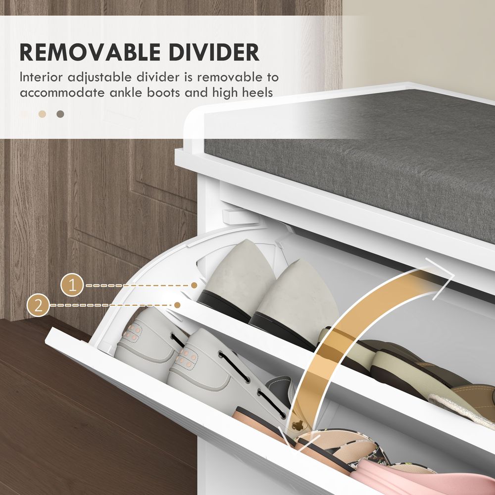 Shoe Bench with Flip Drawer, Cushion, 10 Pairs for Entryway White