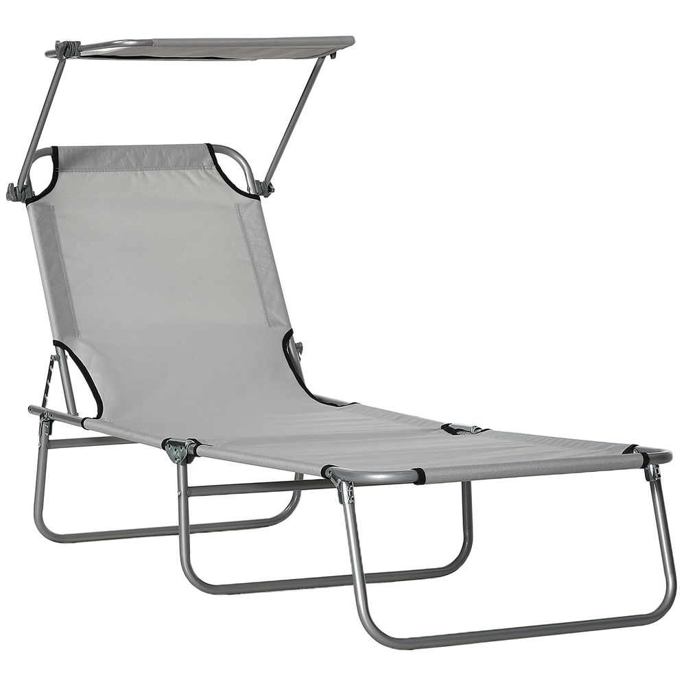 Folding Chair Sun Lounger w/ Sunshade Garden Recliner Hammock Grey