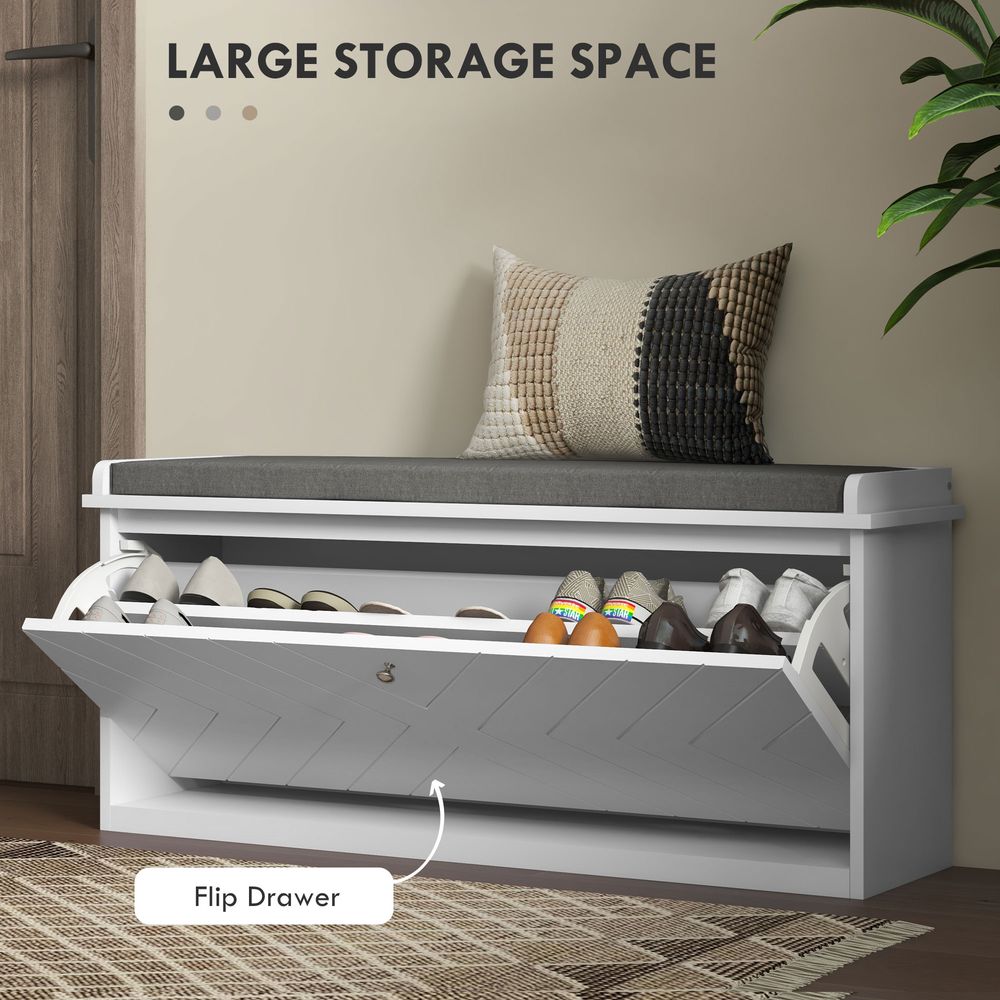 Shoe Bench with Flip Drawer, Cushion, 10 Pairs for Entryway White