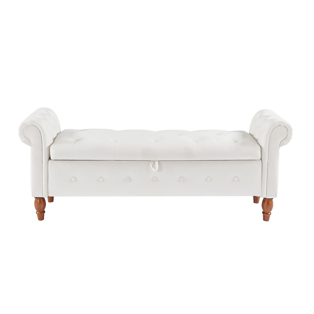 Beige, Solid Wood Legs, Velvet Bedroom End of Bed Storage Bench Rolled Side Sofa Bench Toy Storage Bench