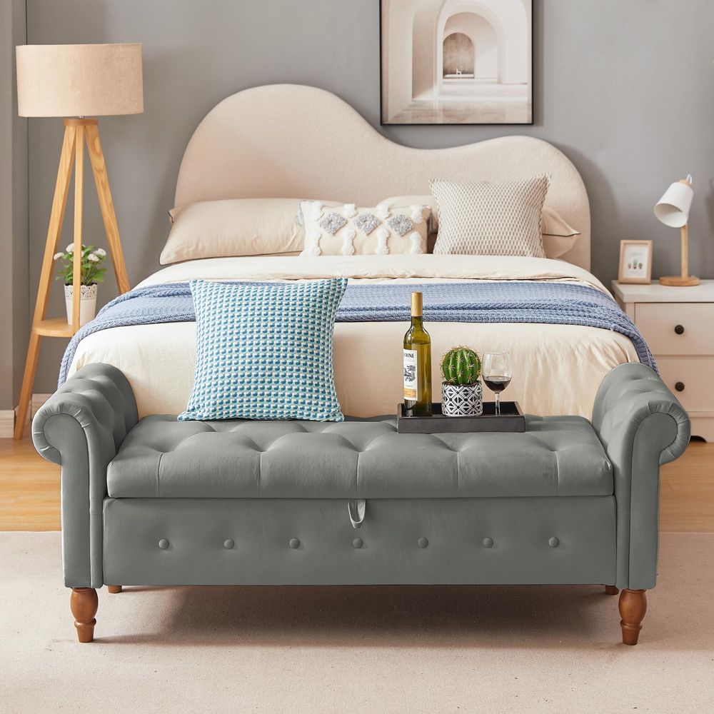 Beige, Solid Wood Legs, Velvet Bedroom End of Bed Storage Bench Rolled Side Sofa Bench Toy Storage Bench