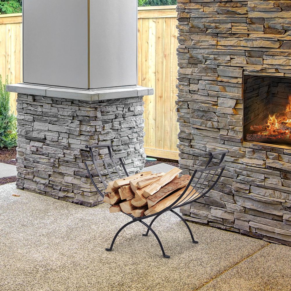 Folding Wood Log Holder Fireplace Storage Rack Matte Metal Elevated In Outdoor