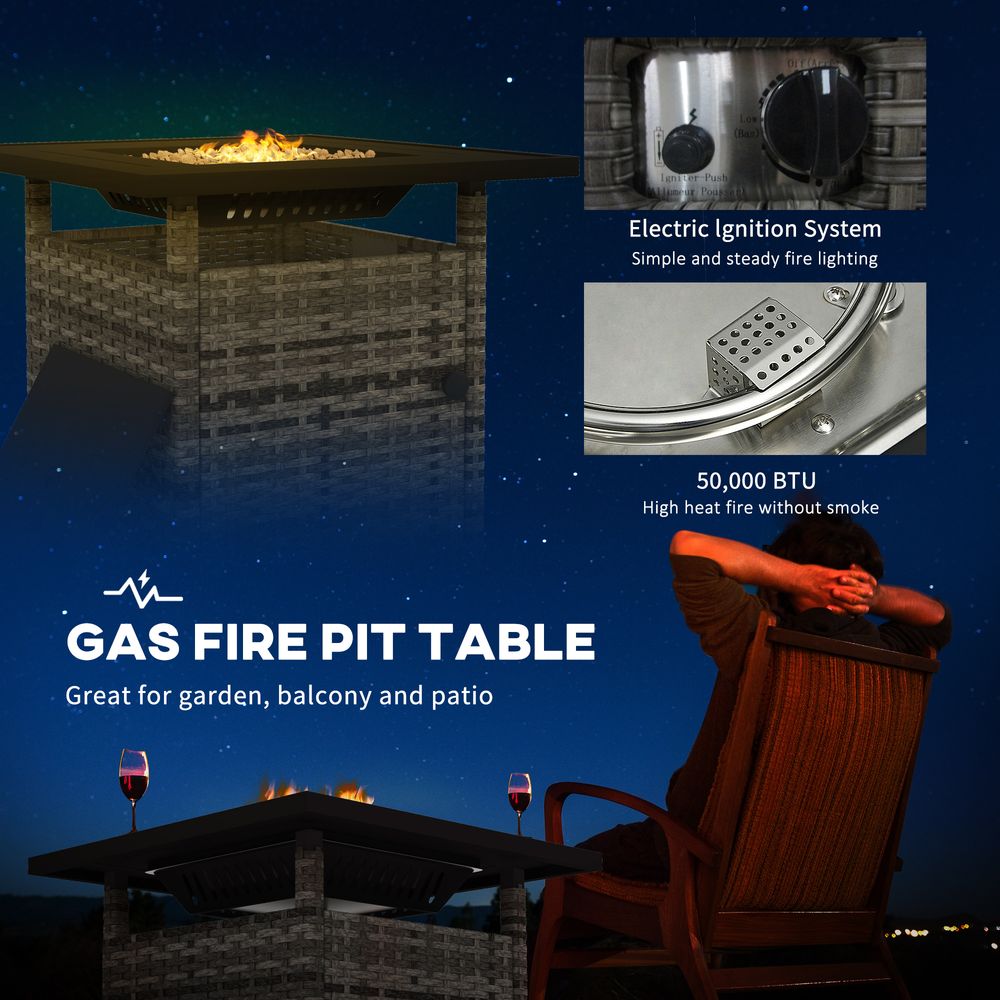 Outsunny 50,000 BTU Rattan Fire Pits for Garden, Propane Fire Pit Table, Grey