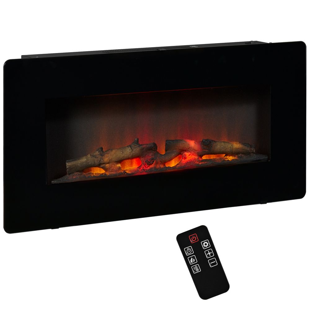 HOMCOM Electric Fireplace Heater Wall-Mount W/ Flame Effect Remote Control Timer